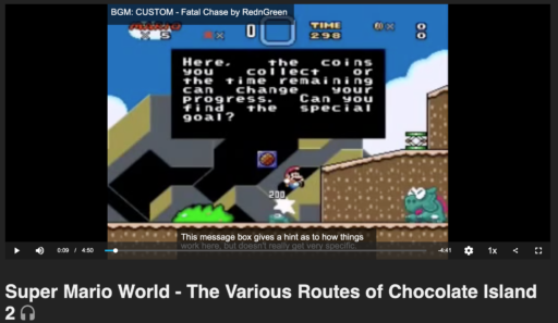 Screenshot of Some Guy playing through Super Mario World, here video annotations are used to provide text-based commentary.
