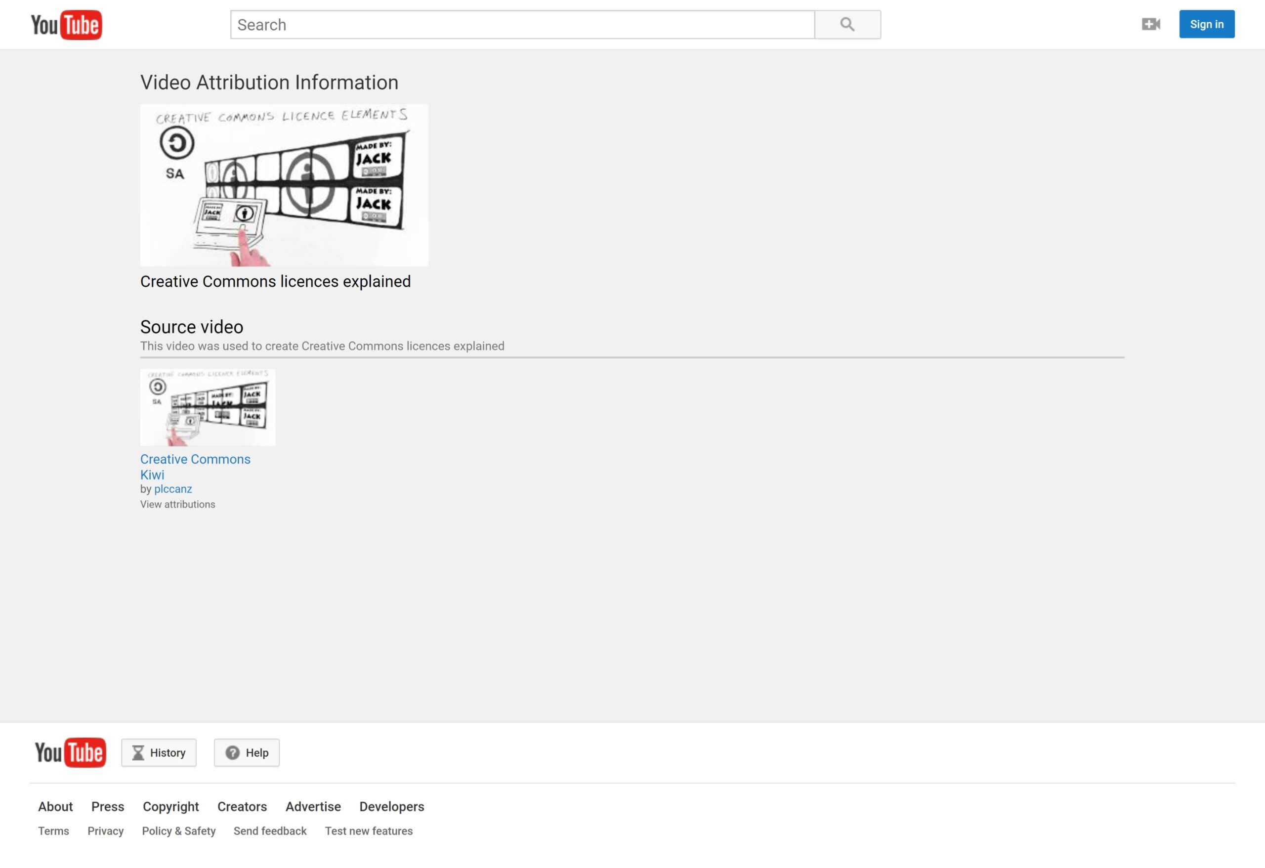 Screenshot of YouTube attributions page